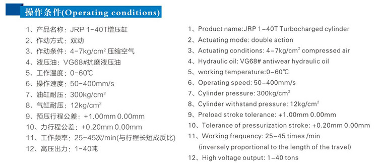 JRP緊湊型并列式氣液增壓缸操作條件